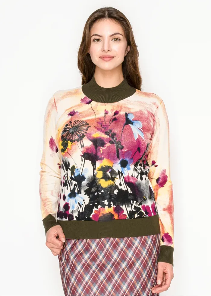 Watercolor Floral Knit Sweater – Olive Trim