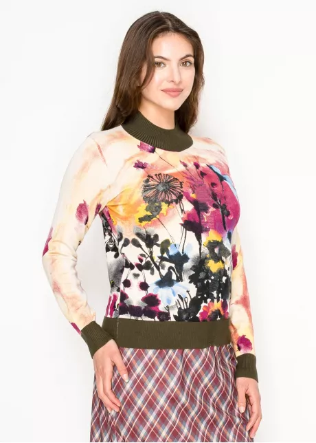 Watercolor Floral Knit Sweater – Olive Trim