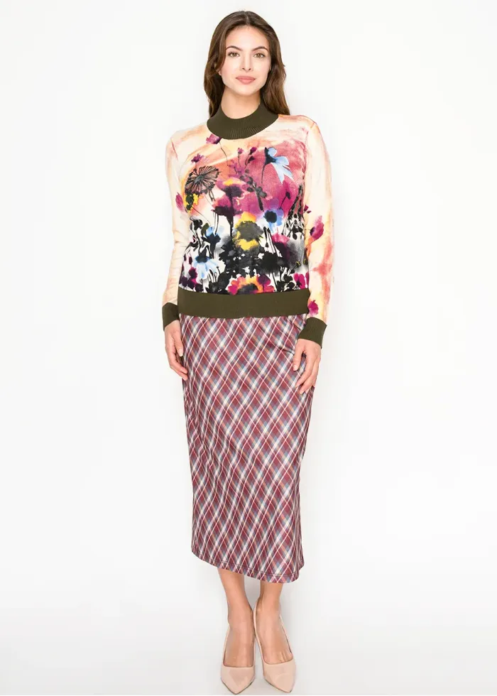 Watercolor Floral Knit Sweater – Olive Trim