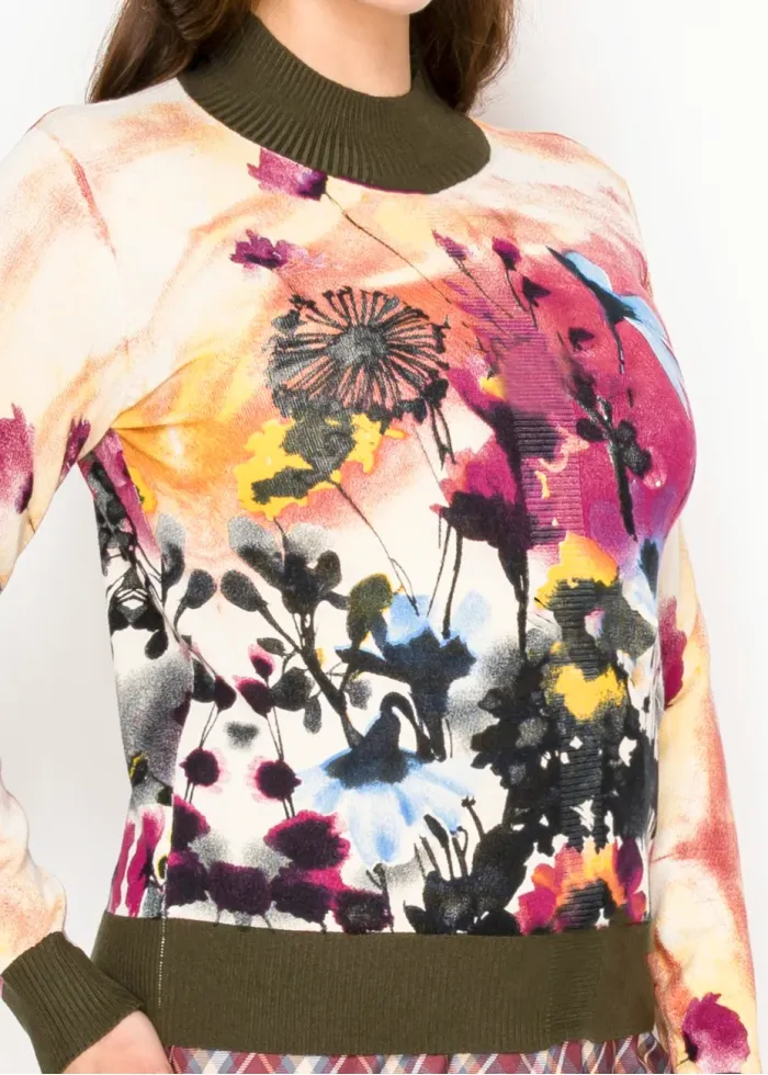 Watercolor Floral Knit Sweater – Olive Trim