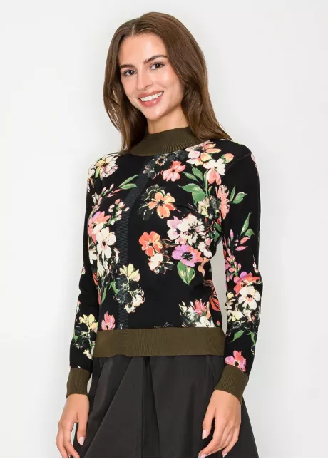 Black Floral Pullover with Olive Trim