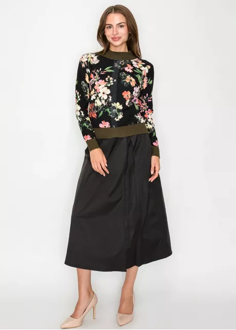 Black Floral Pullover with Olive Trim