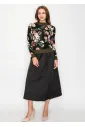 Black Floral Pullover with Olive Trim