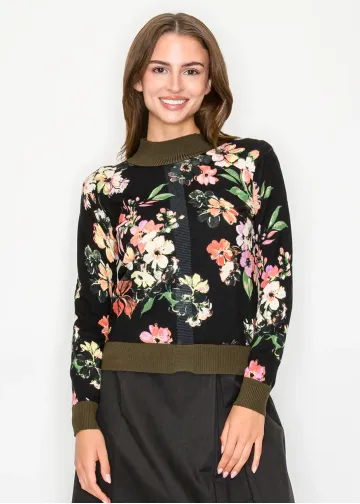 Black Floral Pullover with Olive Trim