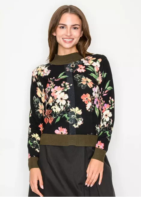 Black Floral Pullover with Olive Trim Black Floral Pullover with Olive Trim