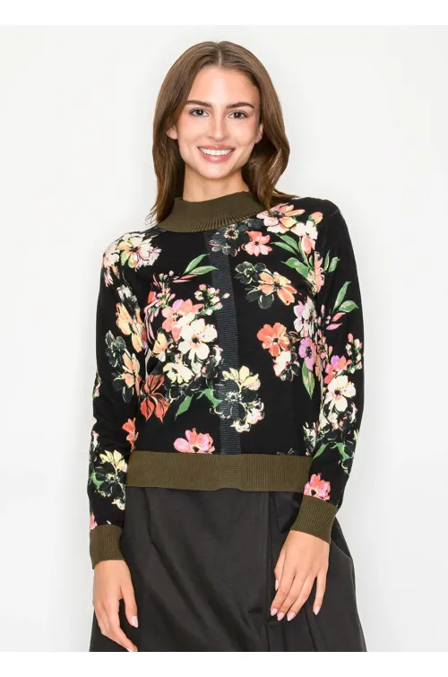 Black Floral Pullover with Olive Trim