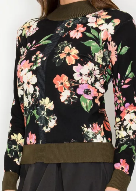 Black Floral Pullover with Olive Trim