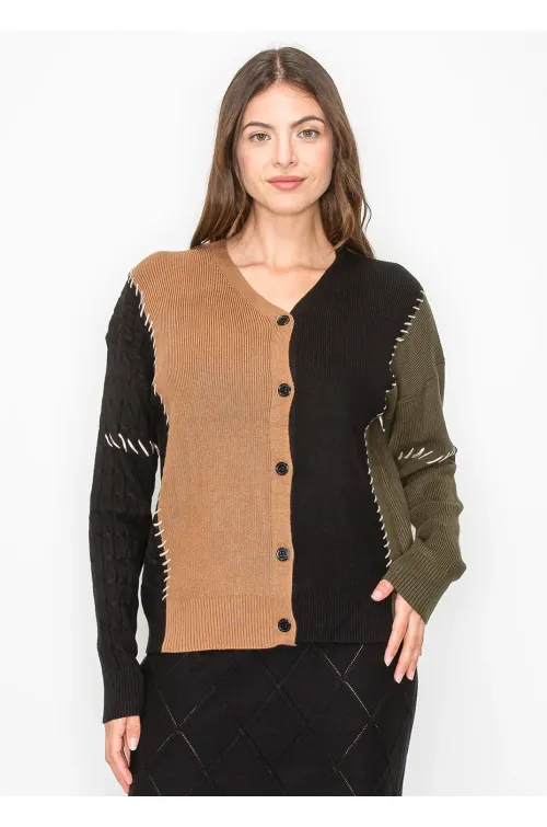 Colorblock Cardigan with Contrast Stitch Detail