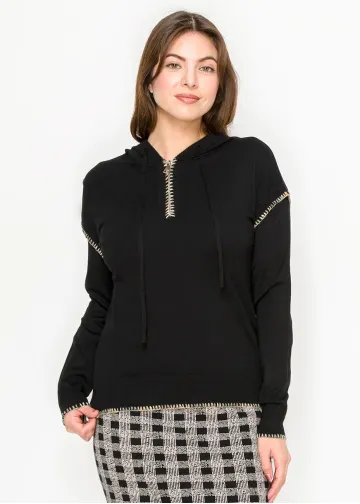 Black Hoodie Sweater with Contrast Stitch Detail