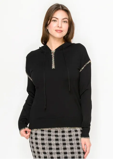 Black Hoodie Sweater with Contrast Stitch Detail