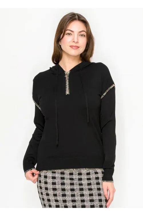 Black Hoodie Sweater with Contrast Stitch Detail