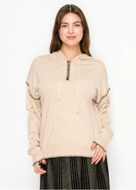 Oatmeal Hoodie with Black Stitch Detail