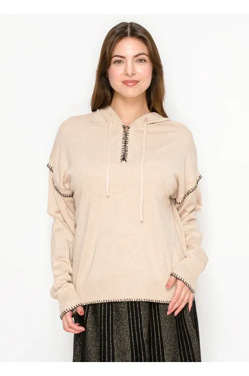 Oatmeal Hoodie with Black Stitch Detail