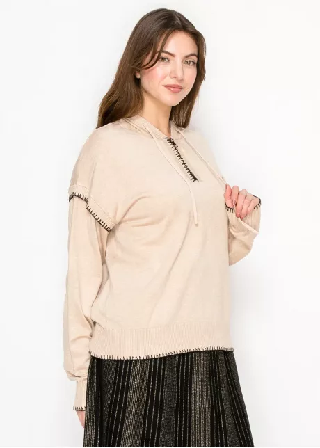 Oatmeal Hoodie with Black Stitch Detail