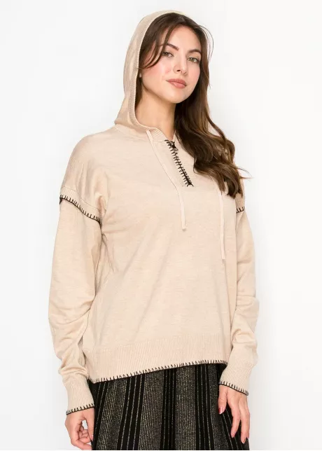 Oatmeal Hoodie with Black Stitch Detail