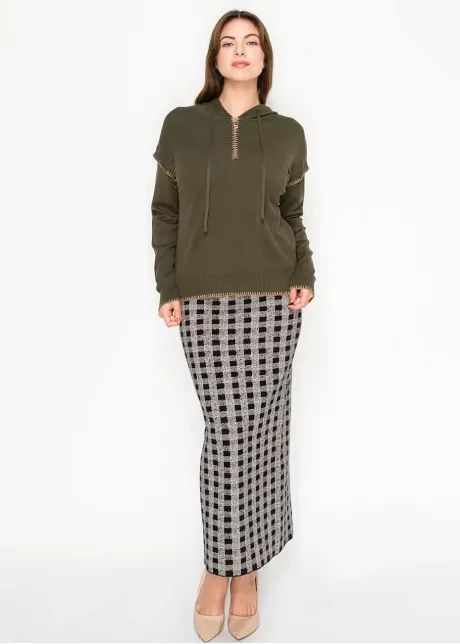 Olive Knit Hoodie with Contrast Stitch Trim