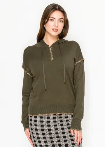 Olive Knit Hoodie with Contrast Stitch Trim