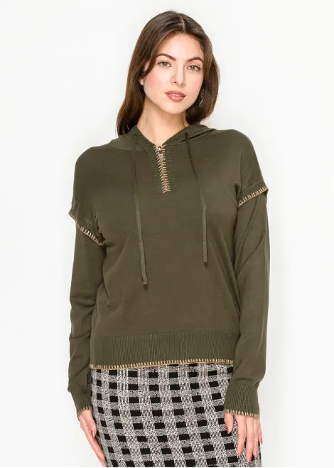 Olive Knit Hoodie with Contrast Stitch Trim