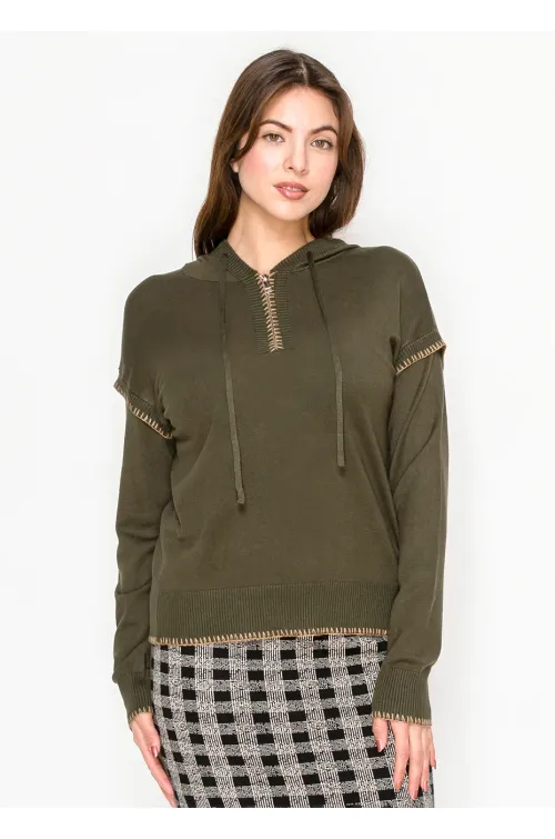 Olive Knit Hoodie with Contrast Stitch Trim