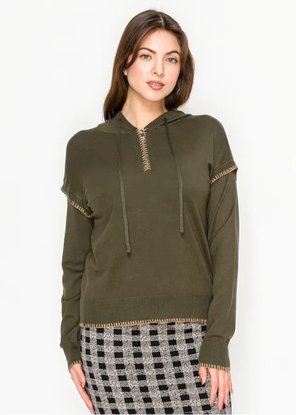 Olive Knit Hoodie with Contrast Stitch Trim