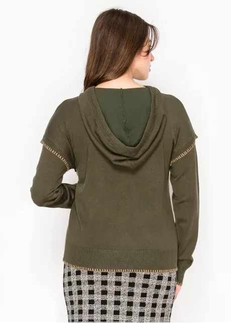 Olive Knit Hoodie with Contrast Stitch Trim