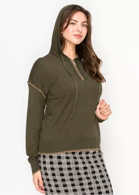 Olive Knit Hoodie with Contrast Stitch Trim
