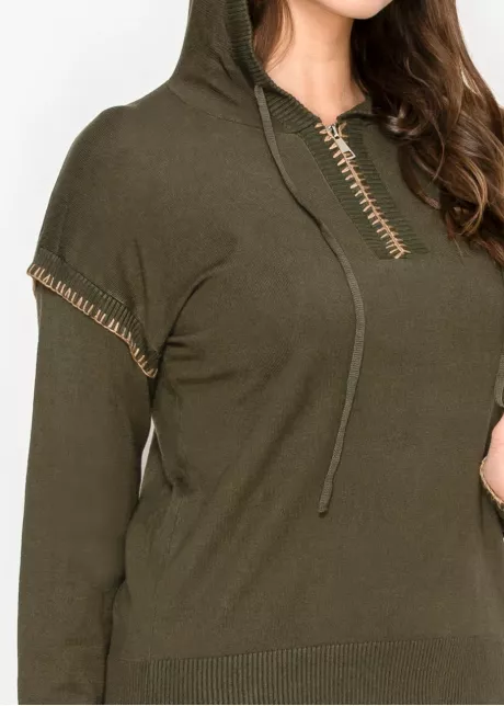 Olive Knit Hoodie with Contrast Stitch Trim