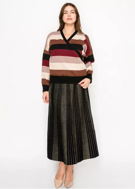 Striped Wrap Knit Sweater in Burgundy Mix