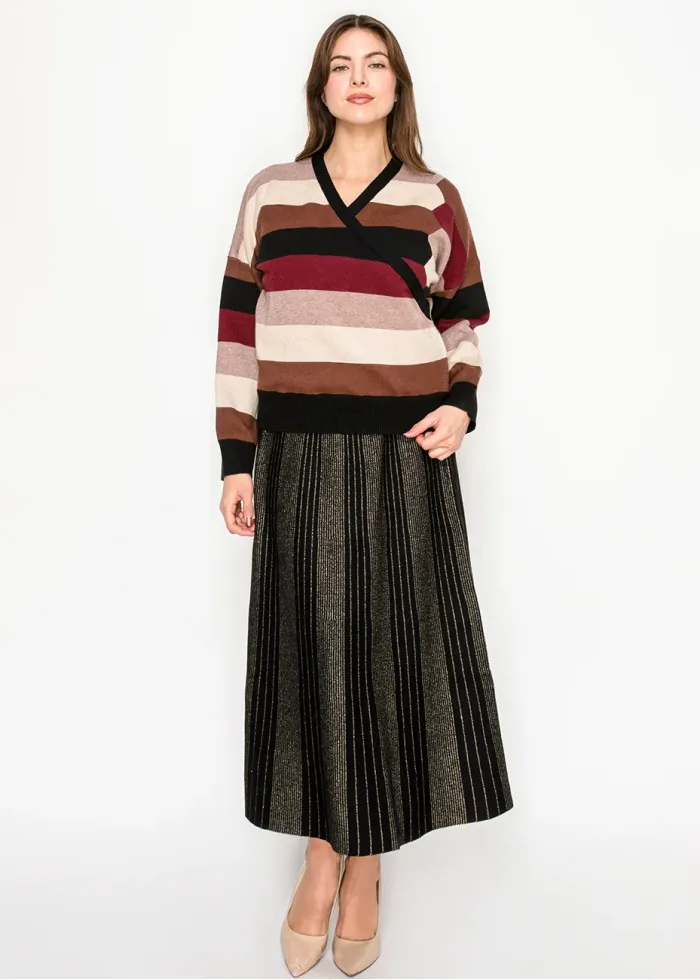 Striped Wrap Knit Sweater in Burgundy Mix