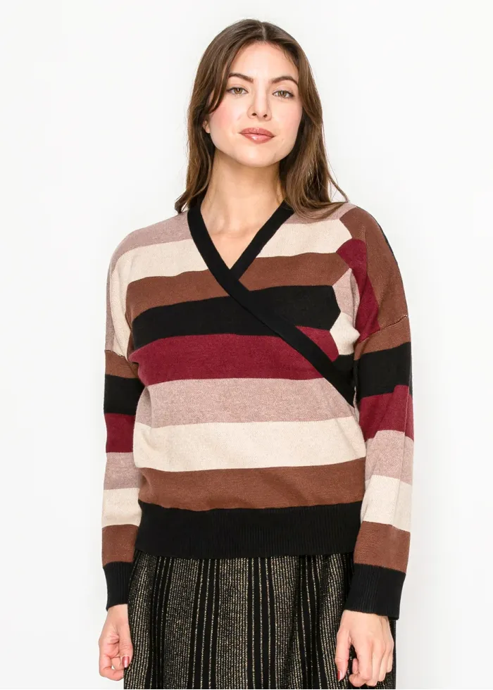 Striped Wrap Knit Sweater in Burgundy Mix