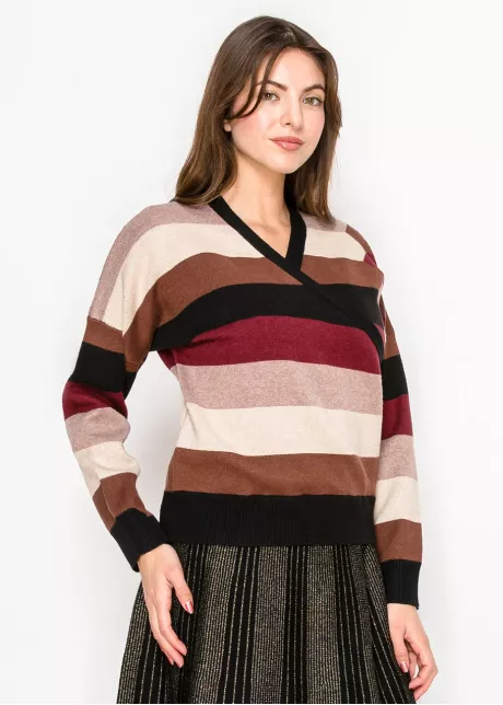 Striped Wrap Knit Sweater in Burgundy Mix