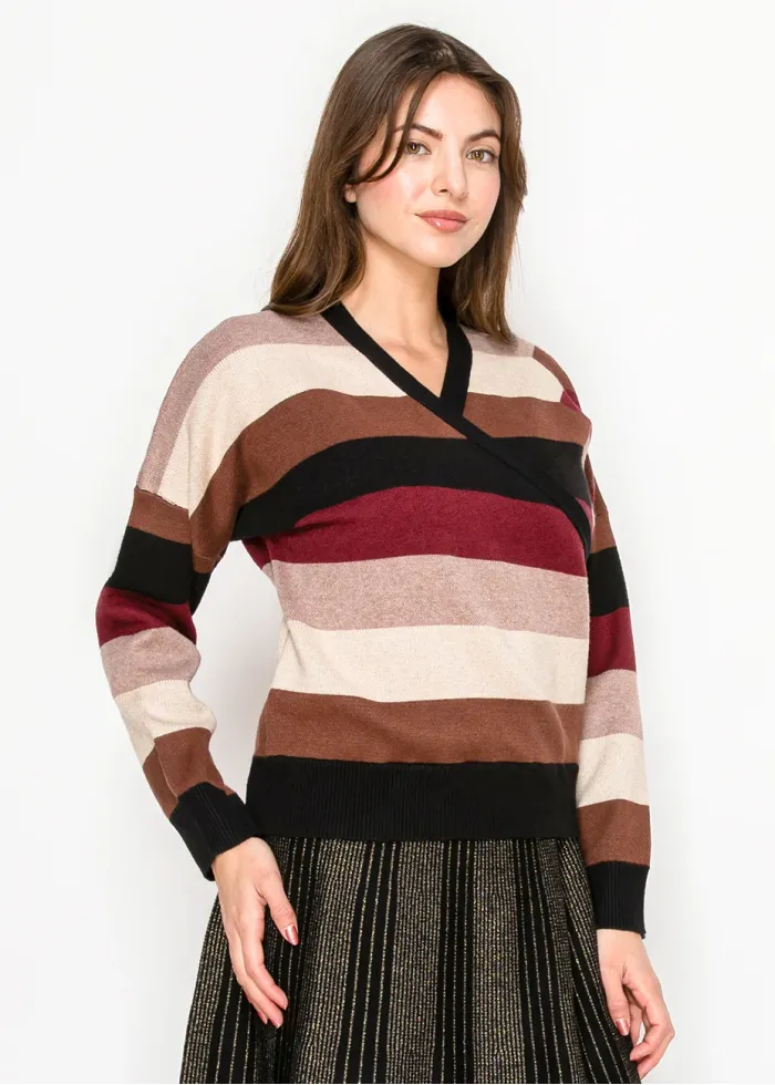 Striped Wrap Knit Sweater in Burgundy Mix