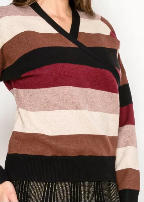 Striped Wrap Knit Sweater in Burgundy Mix