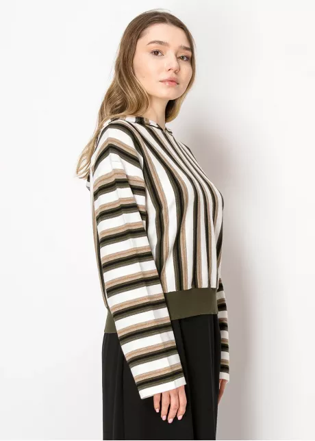 Olive Stripe Knit Hoodie with Contrast Hem