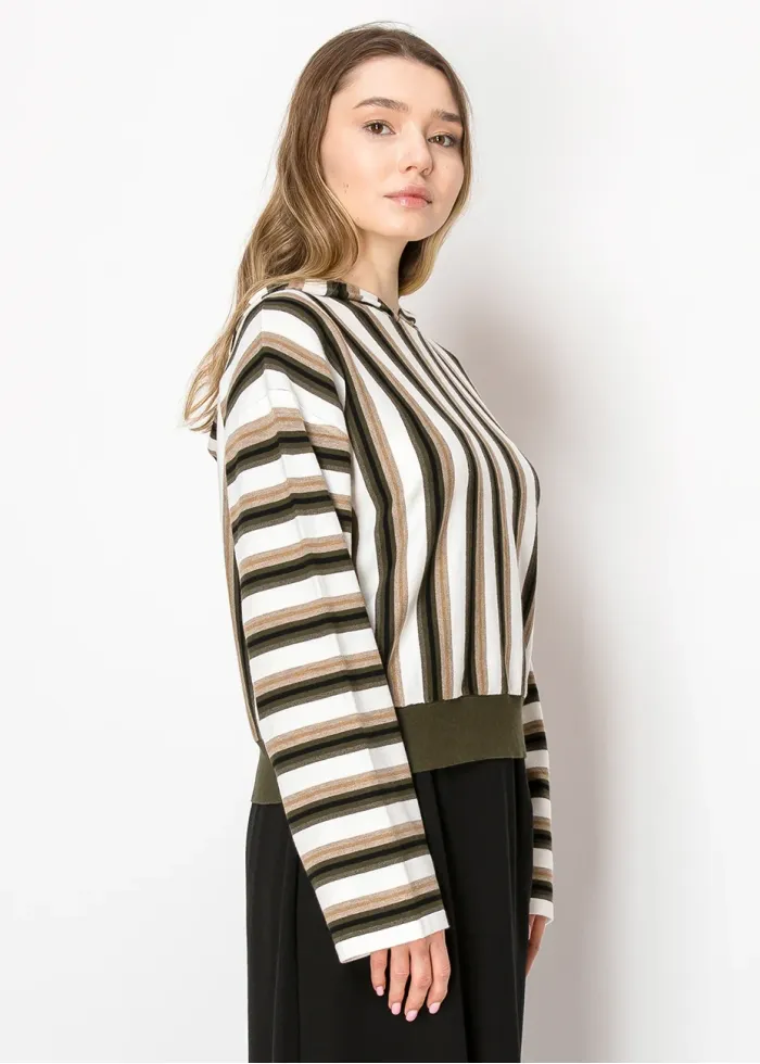 Olive Stripe Knit Hoodie with Contrast Hem