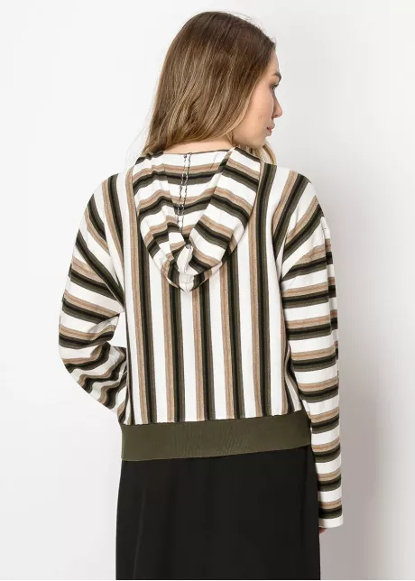 Olive Stripe Knit Hoodie with Contrast Hem