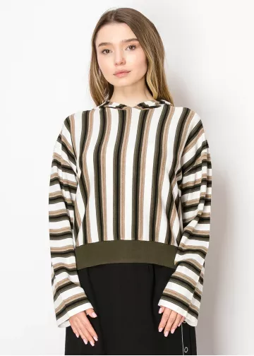 Olive Stripe Knit Hoodie with Contrast Hem Olive Stripe Knit Hoodie with Contrast Hem