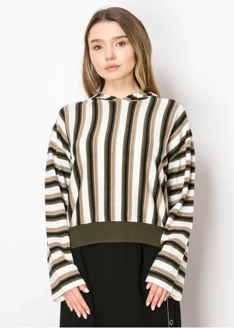 Olive Stripe Knit Hoodie with Contrast Hem