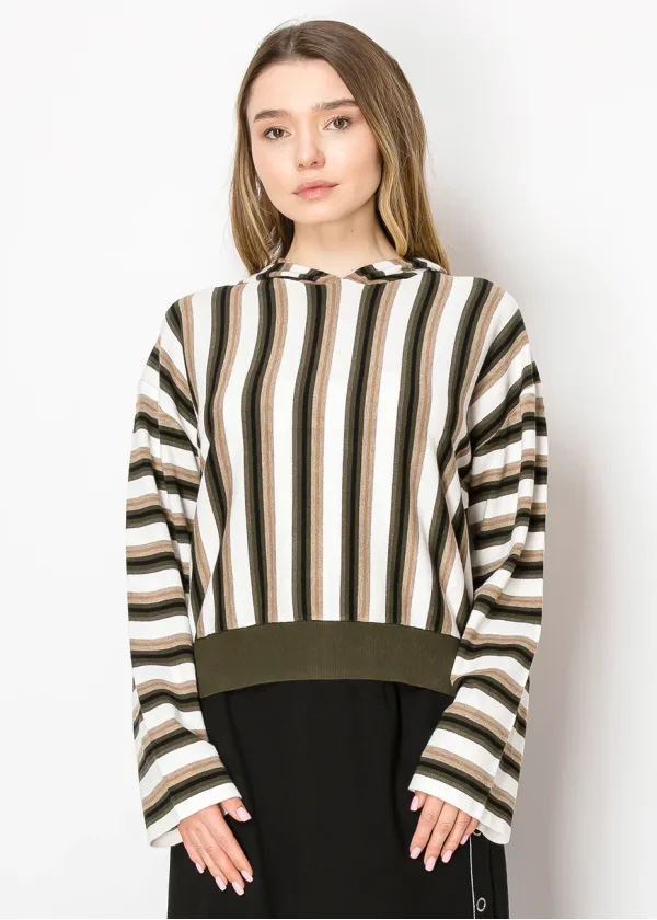 Olive Stripe Knit Hoodie with Contrast Hem