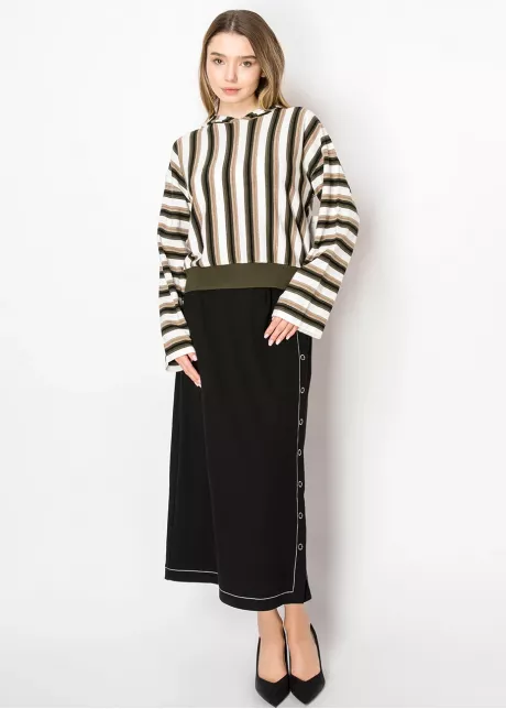 Olive Stripe Knit Hoodie with Contrast Hem