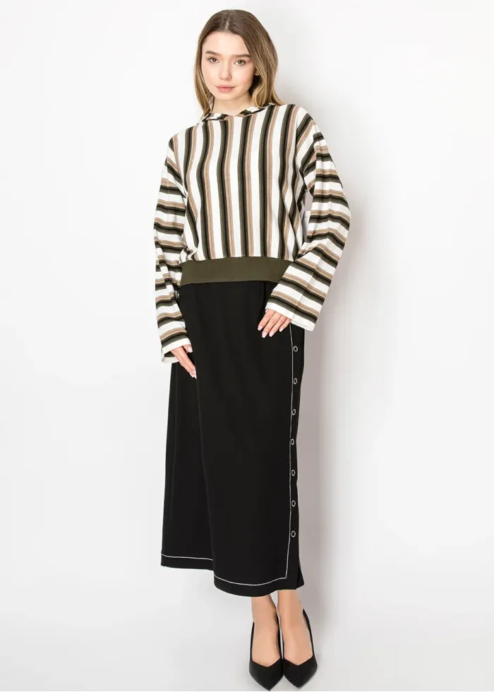 Olive Stripe Knit Hoodie with Contrast Hem