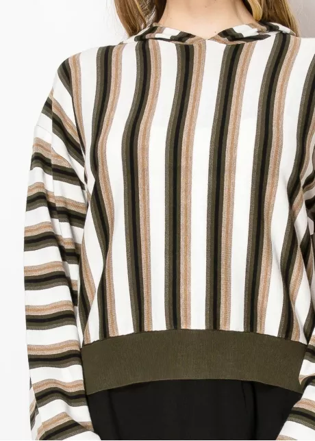 Olive Stripe Knit Hoodie with Contrast Hem