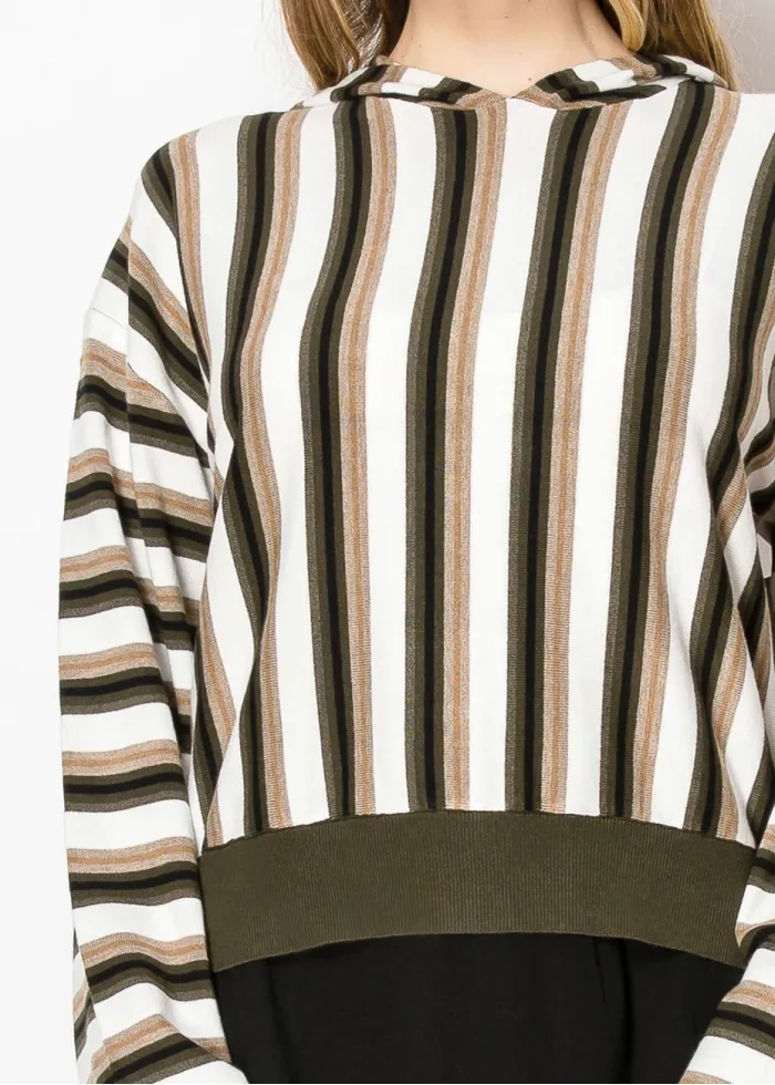 Olive Stripe Knit Hoodie with Contrast Hem