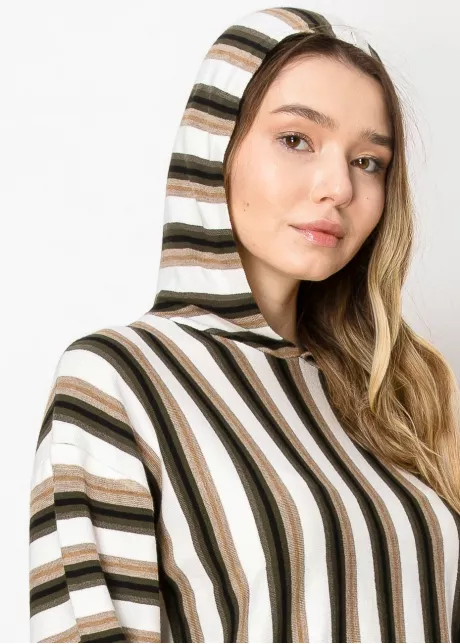 Olive Stripe Knit Hoodie with Contrast Hem