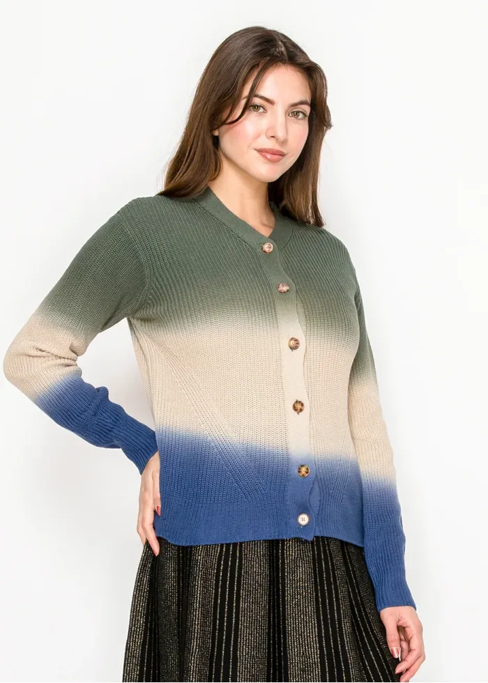 Blue and Olive Dip-Dye Cardigan with Buttons