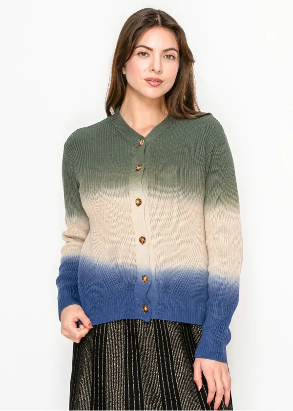 Blue and Olive Dip-Dye Cardigan with Buttons