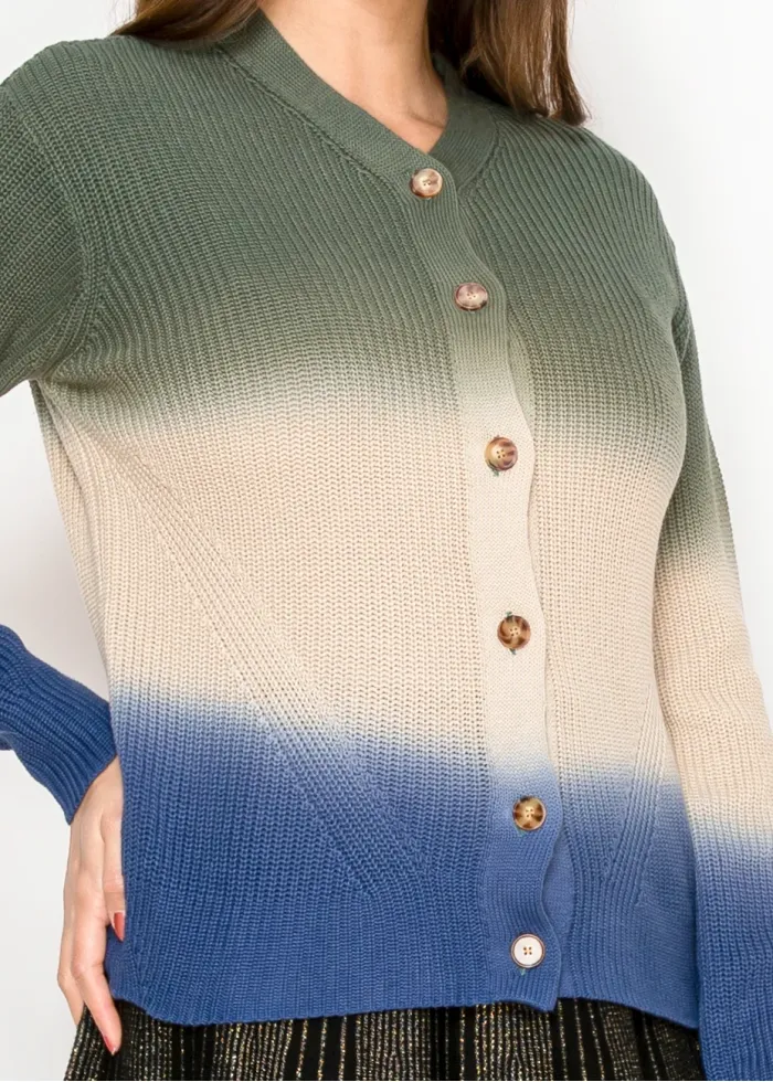 Blue and Olive Dip-Dye Cardigan with Buttons