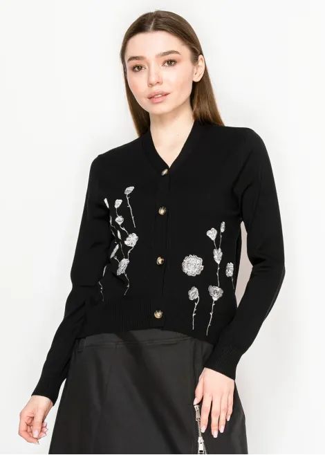 Black Embroidered Floral Button Cardigan
