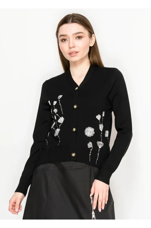 Black Embroidered Floral Button Cardigan