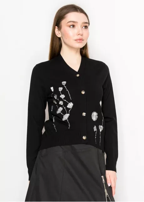 Black Embroidered Floral Button Cardigan